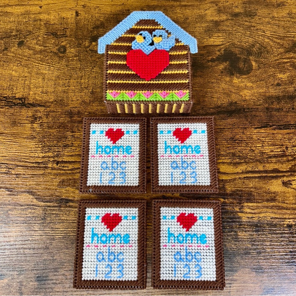 Handmade needlepoint Coasters Set of 4 with holder birds, house ,heart. 5 pieces